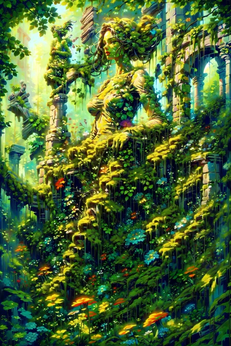 (masterpiece, best quality, detailed, vivid colors, colorful, vibrant), solo, (statue), ruins, outdoors, verdant, wildness, (flowers), lush, overgrowth, bushes, fearn, greenery, mushrooms, blooming,  ovrgrwth, <lora:ral-ovrgrwth-sd15:1.2> <lora:DWM_painting:0.8> <lora:FantasyRuins-10:0.7>