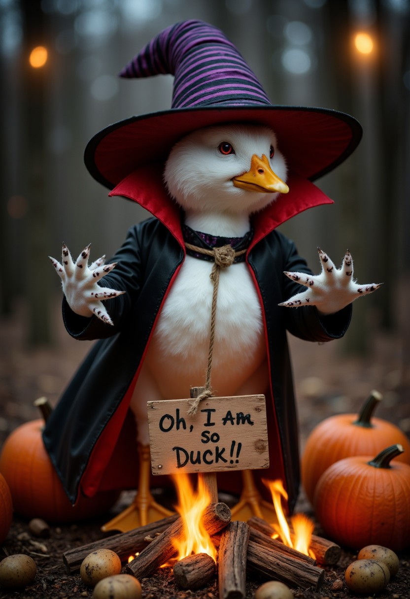 ensure there were a crowd of farmers surround and circle a duck tied to a wooden stake to be roasted at night, dark dynamic fantasy background, dark magical fantasy background, (very distant view, shot from very distant:1.2), 
BREAK
an adorable and incredibly cute white duck, with the golden beak and claws, wearing a black Dracula robe on the outside and red on the inside, Its Dracula fangs are clearly visible and Its pupils are bright red. Wearing a dark purple witch hat with black and red stripes. Its claws are very sharp. The duck's body is tied with a rope to a burning stake with fire starting to burn below and surrounding its lower paws, near the pile of wood that is starting to burn, many pumpkins and potatoes are scattered around it. On the top of the pole is nailed a wooden sign that says "Skip Halloween!". Ensure a thought bubble above its head that says "Oh, I am so Duck !":1.5), (ensure the text perfectly correct and accurately written:1.5), aidmatextimprover, handwritinglora,
BREAK
masterpiece, best quality, ultra-detailed, ultra realistic, 8k, RAW photo, perfect composition, perfect colors, colorful, clear photo, surreal, incredible lifelike, highest resolution, uncanny realism, immaculate micro-details, professional photography, analog photo, shot on Canon EOS 5D VI, Fujicolor Pro, radiant god rays, dreamy haze, Photographers collaboration by Oleg Oprisco and Tim Walker, view from very distant,