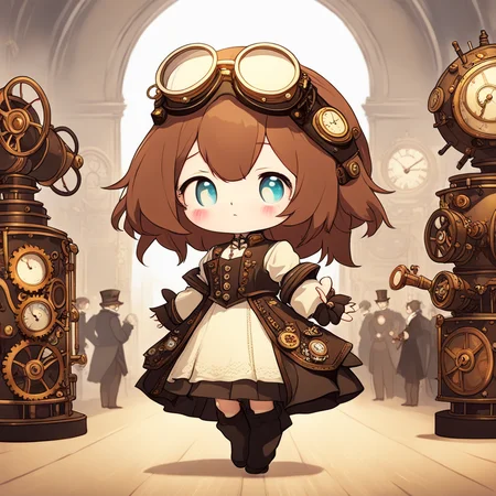 (masterpiece:1.2), (innovation:1.15), (illustration), (exhibition hall:1.25), (1girl:1.3), (chibi:1.3), (steampunk invention:1.35), (eccentric), (pride:1.2), (solo), (goggles:1.1), (victorian attire:1.2), (intricate machinery), (depth of field), (admiring crowd:1.05), (triumphant expression), (mechanical marvel:1.1)