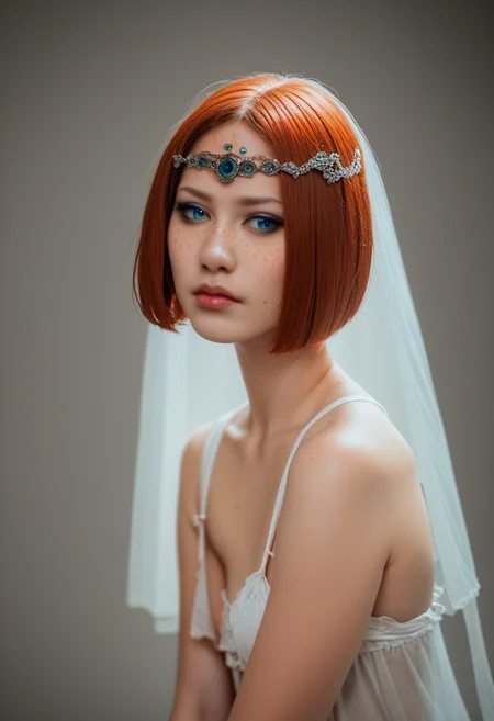 Portrait, score_9, score_8_up, score_7_up, score_6_up, score_5_up, score_4_up,
<lora:AlienorXL:0.8> AlienorXL, solo,
1girl, redhair, freckles, <lora:PerfectEyesXL:0.8> perfecteyes, blue eyes, bob cut, Eyeliner, Asymmetrical dress, Babydoll top, Mermaid veil,Circlet, Dydoe piercing, , Gratitude expression, Sitting on Steps, Space battle, Rim lighting,Extreme close up , Matte Saturation, <lora:Photo 2 Style SDXL_LoRA_Pony Diffusion V6 XL:0.8> raw, photo, realistic,