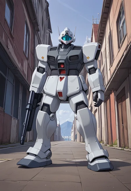 score_9, score_8_up, score_7_up, (blue gm, light blue gm, blue armor, standing, 1 mech, blue mech, mech focus, giant gm, sniper rifle, long rifle,) BREAK, source_anime, cowboy shot, front view, gm_cold_districts_type, BREAK, buildings