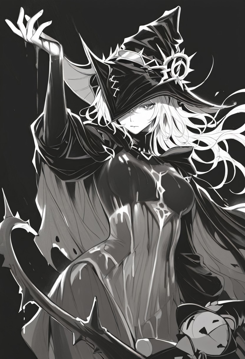 1girl, arm up, bangs, black background, blood, closed mouth, covered eyes, dress, floating hair, greyscale, hooded cloak, long hair, long sleeves, looking at viewer, monochrome, one eye covered, simple background, solo, stuffed toy, thorns, witch hat <lora:RavenScript :1>, body painting