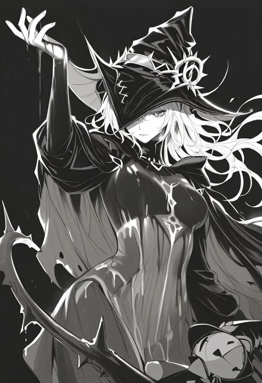 1girl, arm up, bangs, black background, blood, closed mouth, covered eyes, dress, floating hair, greyscale, hooded cloak, long hair, long sleeves, looking at viewer, monochrome, one eye covered, simple background, solo, stuffed toy, thorns, witch hat <lora:RavenScript :1>, body painting