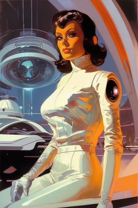 <lora:Syd Mead Style:1>Syd Mead Style - syd mead sci-fi woman with led eyes