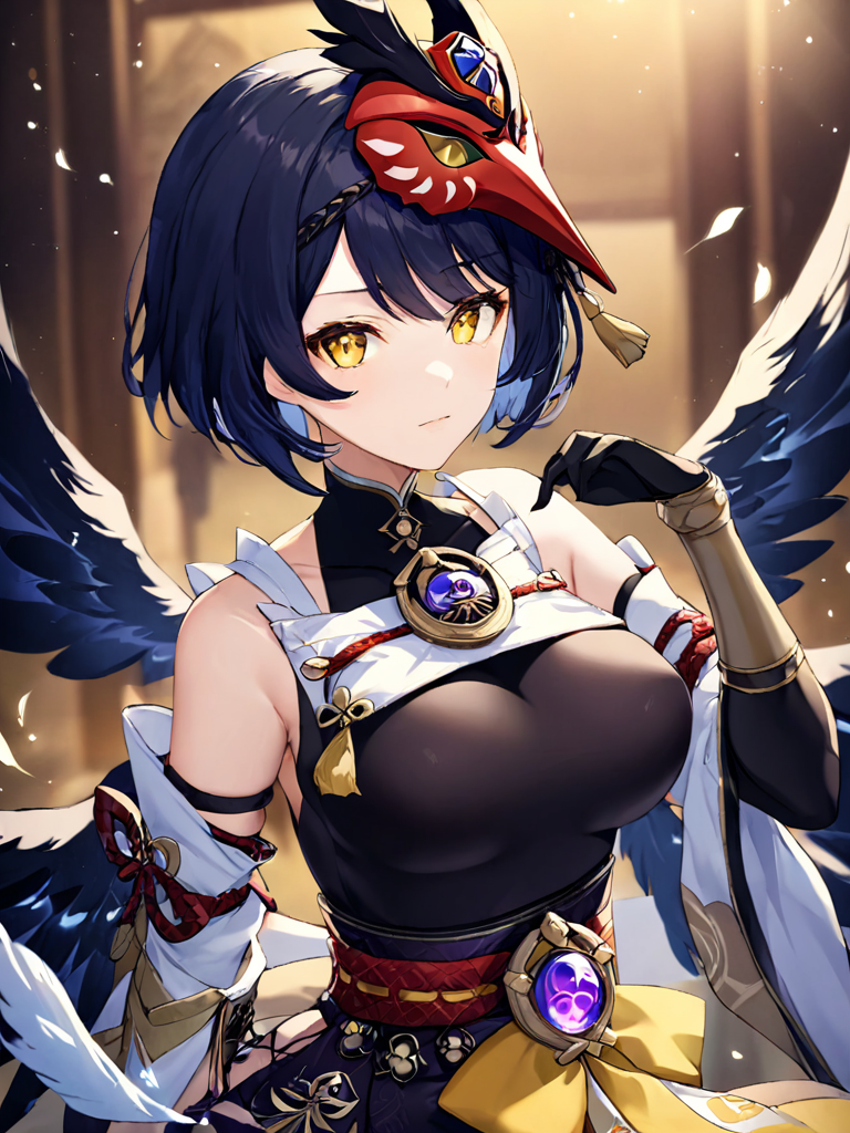 ultra-detailed,(best quality),((masterpiece)),(highres),original,extremely, <lora:jiutiaox_xl:0.8>,(\jiu tiao\), 1girl, kujou sara, solo, breasts, bird mask, yellow eyes, mask, gloves, mask on head, short hair, looking at viewer, sash, vision \(genshin impact\), detached sleeves, black gloves, wings, japanese clothes,  bangs, tassel, black hair, bodysuit, wide sleeves,  black bodysuit, black wings, swept bangs,