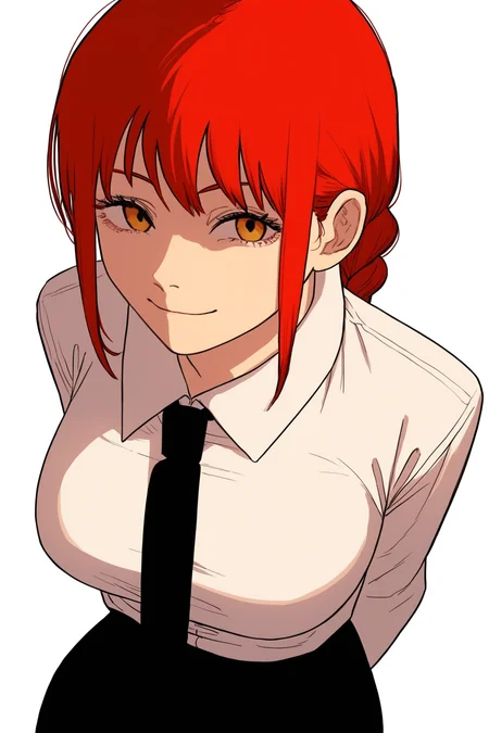 score_9, score_8_up, score_7_up, score_6_up, score_5_up, score_4_up, <lora:Fujimoto_Manga_Style_r1:1>, fujimotomangastyle, 1girl, solo, necktie, looking at viewer, shirt, collared shirt, simple background, sidelocks, white background, bangs, medium hair, closed mouth, braided ponytail, black necktie, braid, office lady, eyelashes, long hair, cowboy shot, narrow waist, wide hips, curvy, large breasts, red hair, white shirt, yellow eyes, black pants, breasts, collared shirt, arms behind back, shaded face, closed mouth, from above, light smile, leaning forward, shirt tucked in, wing collar
