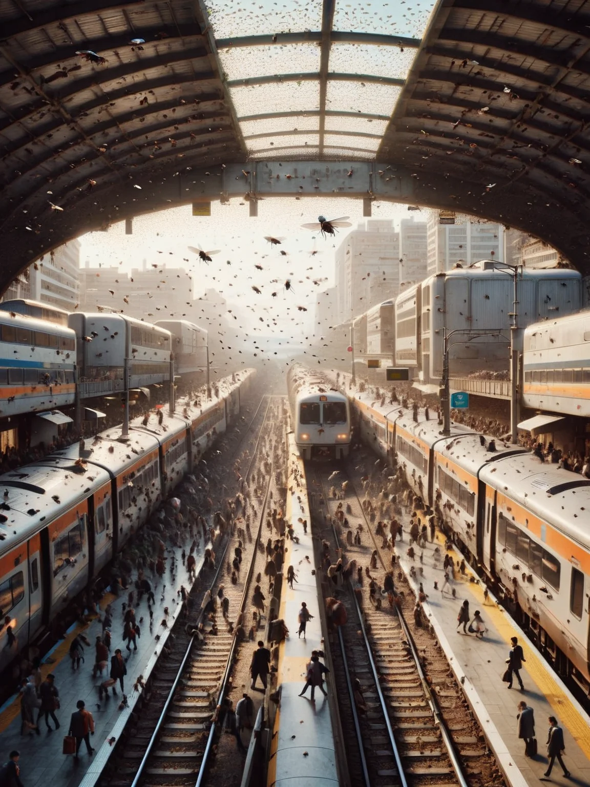 A bustling train station at rush hour, with people hurrying to their destinations, ais-flyz flying over the platforms and trains, creating a dynamic yet slightly surreal scene <lora:Flies_Style_SDXL:1>