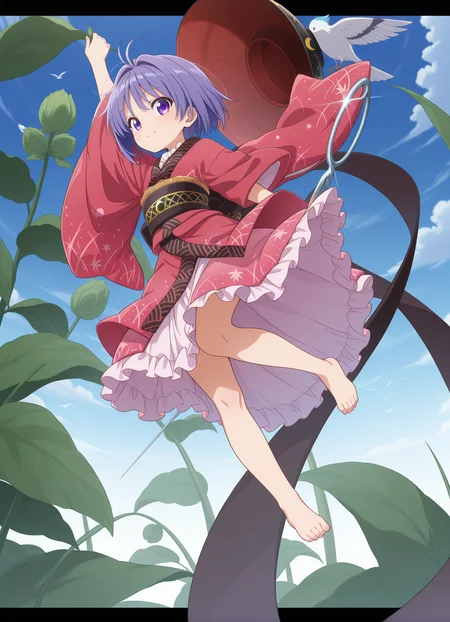 absurdres, highres, masterpiece, best quality, amazing quality, official anime artwork, screencap, anime screencap, outdoors, light smile, looking at viewer, dynamic pose, shining needle castle,
<lora:Shinmyoumaru-Sukuna_Illustrious:1> sukuna shinmyoumaru, 1girl, solo, blue eyes, purple eyes, blue hair, purple hair, short hair, antena hair,, bowl hat, japanese clothes, red kimono, frilled kimono, long sleeves, wide sleeves, sash, pink skirt, frilled skirt, 
minigirl, arm up, barefoot, bird, blue sky, cloud, day, needle sword, plant, sky, unworn hat, unworn headwear,
