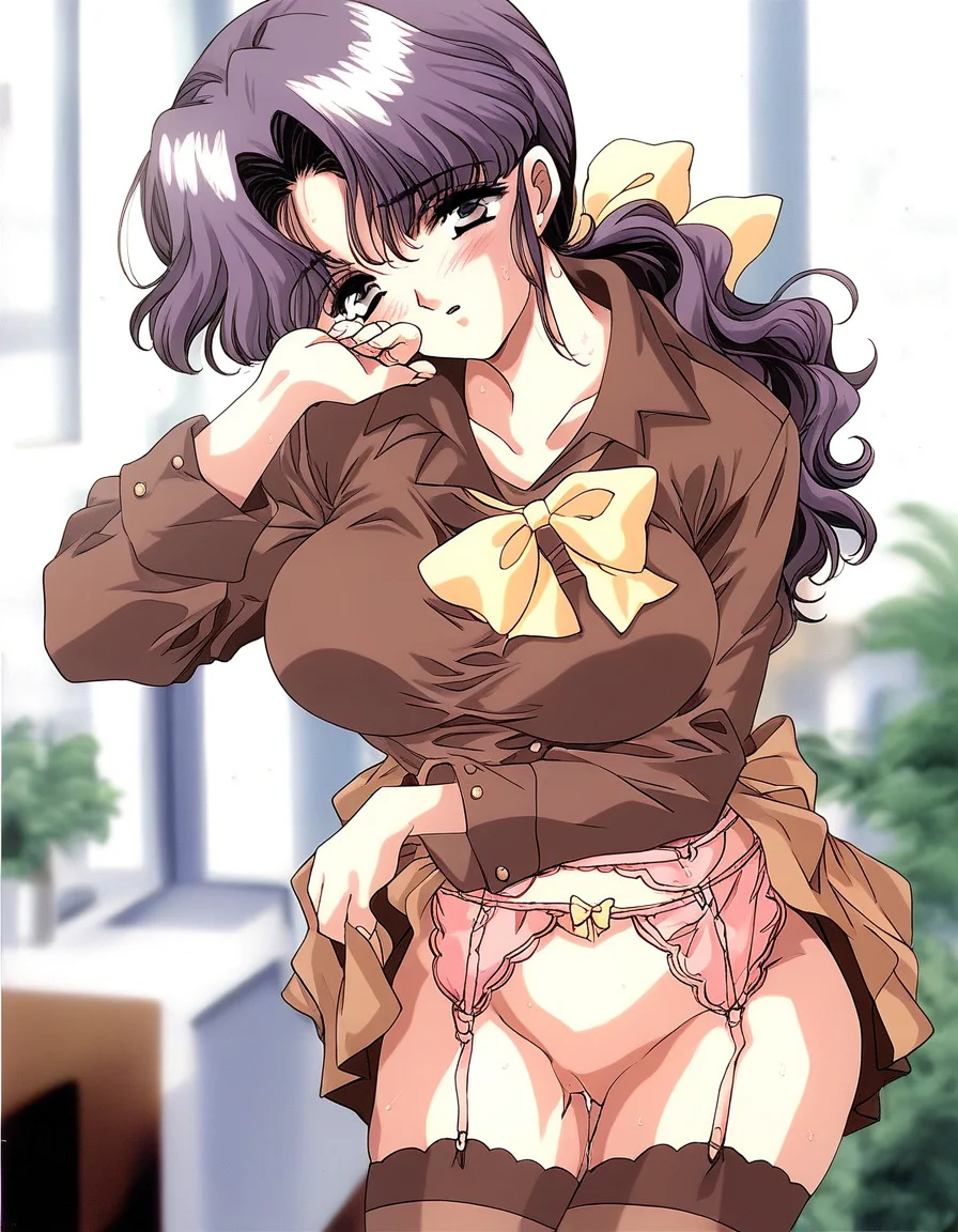 score_9, score_8_up, score_7_up, source_anime, rating_explicit, BREAK <lora:Fujino_Yukiko_XL:1> FujinoYukiko, long hair, purple eyes, purple hair, large breasts, low ponytail, Yellow bow, hair ribbon,
looking at viewer,
pink underwear, solo, garter belt, thighhighs, blush, long hair, brown skirt, sweat, standing, brown shirt, looking at viewer, indoors,