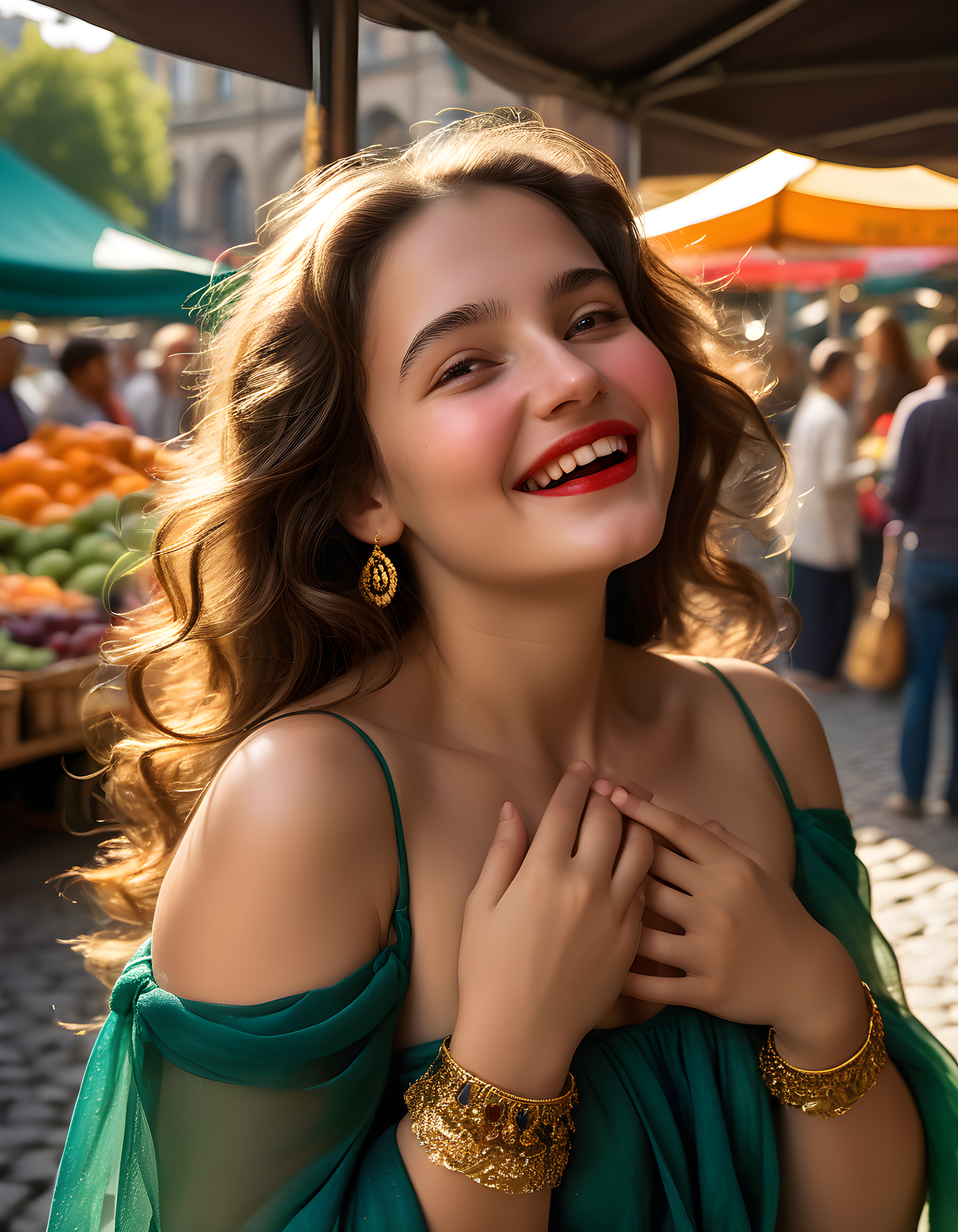 In a bustling open-air market bathed in the warm, golden glow of late afternoon sunshine, a striking woman named N4NCYJMM, with her long, wavy brown hair cascading over her shoulders, adorned with intricate gold jewelry that sparkles in the sunlight, stands alone on a cobblestone pathway. Her intense brown eyes meet yours with a thoughtful gaze, her plump, red lips slightly parted, and her delicate nose gracefully framed by the soft contours of her face. She wears a vibrant, flowing dress of deep emerald green that billows gently around her, the fabric catching the light and shimmering like a piece of living art. The market behind her is a kaleidoscope of color and activity: vendors selling fresh fruits and exotic spices, children laughing and playing, and a lively cacophony of voices filling the air with the sounds of life. The camera angle presents N4NCYJMM from slightly above, emphasizing her regal posture and the delicate curves of her body. Her hand is subtly placed over her heart as if to convey a deep emotional connection or perhaps a hint of vulnerability, making the scene both captivating and poignant.
