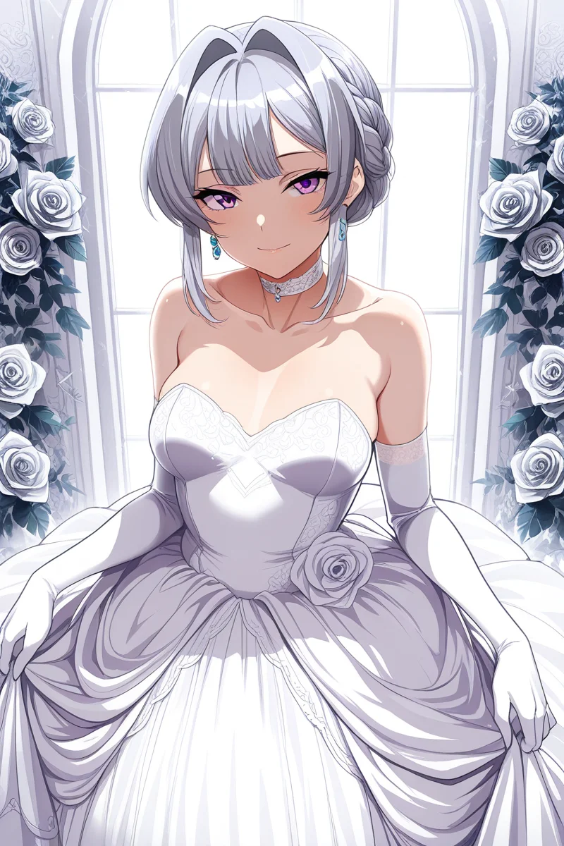masterpiece, best quality, amazing quality,
<lora:Akira_IL:1> akira, 1girl, solo, dress, gloves, flower, elbow gloves, purple eyes, choker, white dress, hair bun, smile, wedding dress, white gloves, jewelry, grey hair, earrings, looking at viewer, braid, collarbone, strapless, strapless dress, sidelocks, hair intakes, rose, bare shoulders
