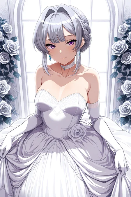masterpiece, best quality, amazing quality,
<lora:Akira_IL:1> akira, 1girl, solo, dress, gloves, flower, elbow gloves, purple eyes, choker, white dress, hair bun, smile, wedding dress, white gloves, jewelry, grey hair, earrings, looking at viewer, braid, collarbone, strapless, strapless dress, sidelocks, hair intakes, rose, bare shoulders