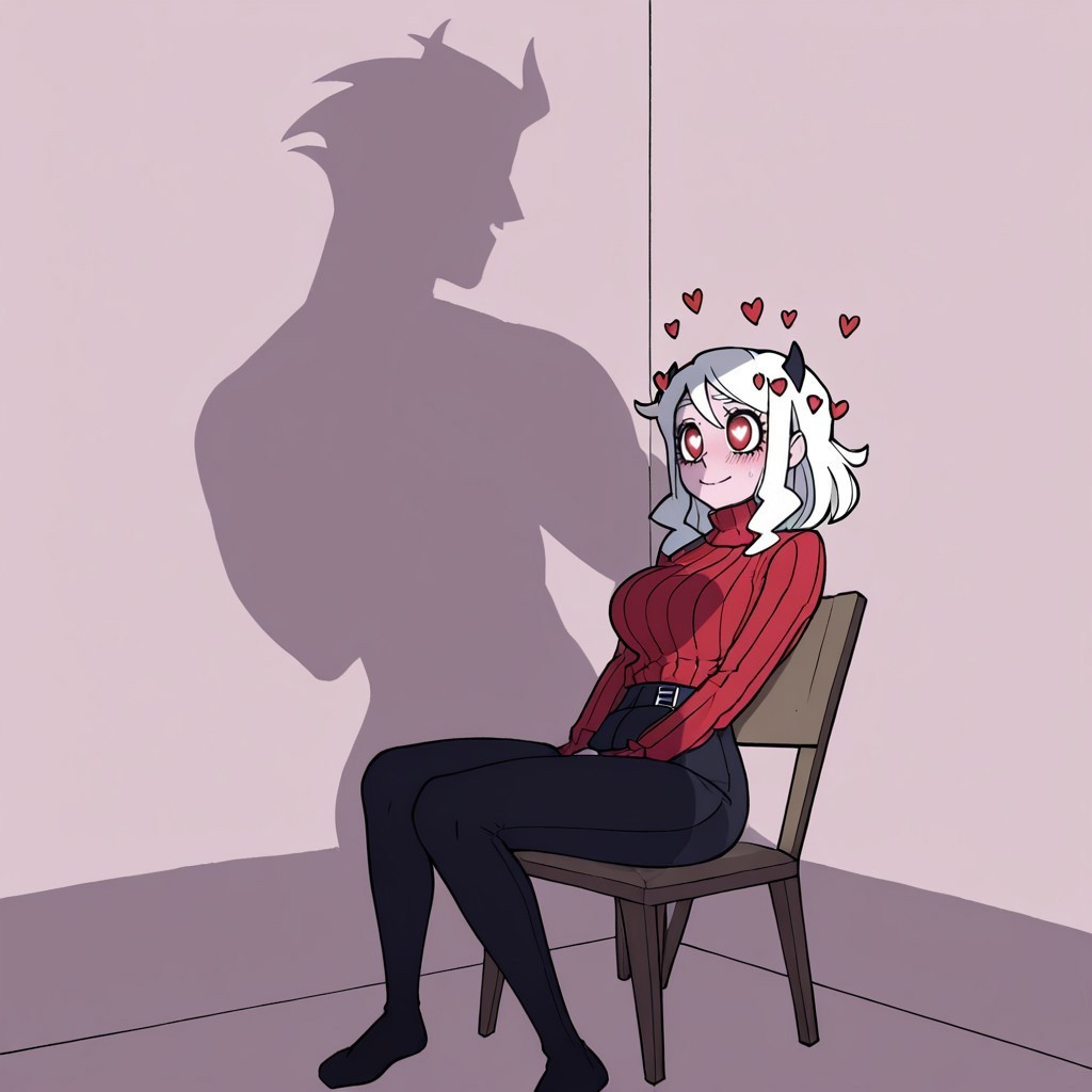 masterpiece, best quality, newest, absurdres, highres, anime, anime style, CCH-IL.V1.0-SH, implied sex, silhouette, shadow, chair, sitting on chair, sitting, silhouette sex, 
BREAK 1girl, modeus (helltaker), white hair, horns, hearts, symbol shaped pupils, 
