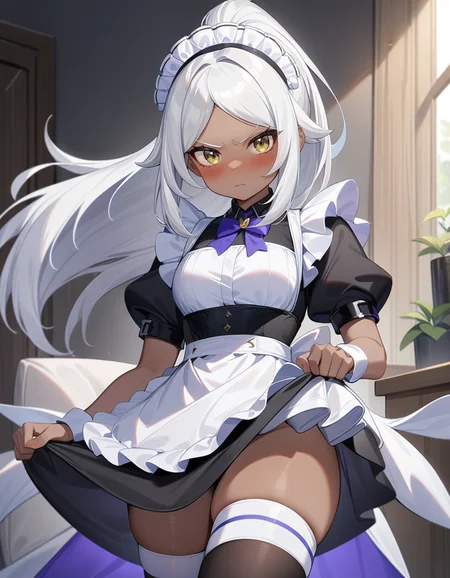 masterpiece,best quality,very aesthetic,absurdres,cinematic angel,
looking at viewer,indoors,bored,cowboy shot,angry,blush,
<lora:namu_xl:0.6>,namu snowbreak,1girl,solo,dark-skinned female,dark skin,white hair,yellow eyes,maid,maid_headdress,adjusting_thighhigh,high ponytail,parted bangs