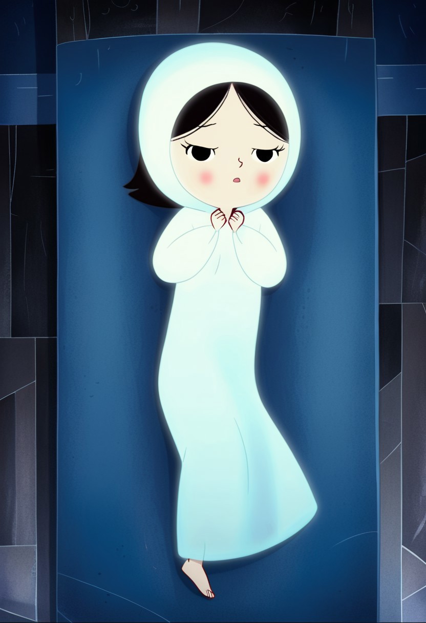 zPDXL3, source_cartoon, Perfect Hands, full body,
1girl, solo, sea bottom, looking at viewer, saoirse, black hair, black eyes, blush, ghost, hood up, robe, barefoot, glowing, lying under the sea, from above, lying on side, facing at viewer, feeling cold, eyes closed, emotionless, open mouth, sleeve past wrist, slim body, long body, highlight cloth wrinkle, anime style face, dark blue background,
<lora:Perfect Hands:1>  <lora:Saoirse_-_The_Song_of_the_Sea-000009:1>
