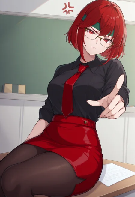 masterpiece, best quality, 1girl, solo, <lora:NSMinervaFESD:1> NSMinervaMisc, red eyes, red hair, short hair, green headband, black shirt, glasses, pencil skirt, red skirt, pantyhose, office, sitting, red necktie, classroom, looking at viewer, pointing at viewer, anger vein