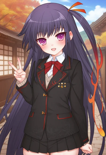 ((safe)), 1girl,  (yukimasa_muramasa, school uniform, blazer, white shirt, skirt), blush, smile, open mouth, outdoors, shiny skin, best quality, amazing quality, very aesthetic, absurdres,   <lora:yukimasa_muramasa_ill:1>