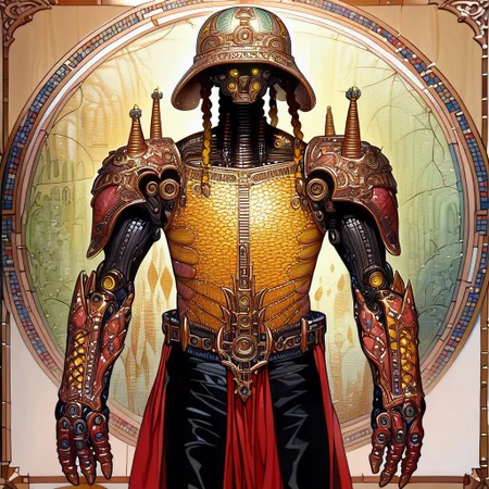 Bionic man, 1boy, looking at looking at viewer, Heavy braids, yellow eyes || helmet, o-ring top, red sarong, black shorts, shoulder armor, monster man, 1boy, monster man, gradient, colored skin, solo, covered eyes,, ultra detailed, masterpiece, best quality, aesthetic, detailed,
ArsMJStyle, Art Nouveau