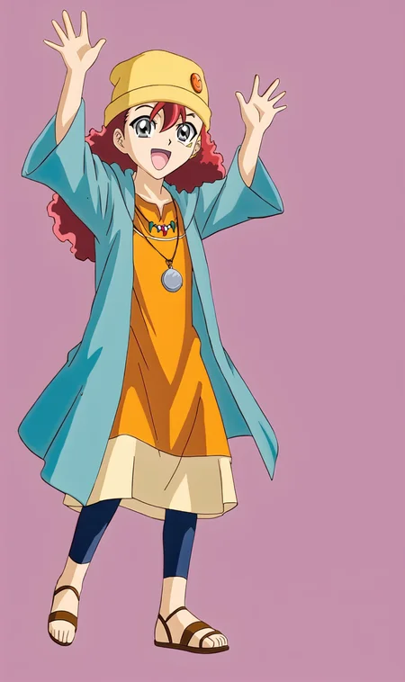 RD, 1girl, solo, red hair, long hair, grey eyes, yellow beanie, facial mark, necklace, pendants, blue open coat, orange dress, capri tights, brown sandals, arms up, waving at viewer, open mouth, full body, standing, looking at viewer, smile, pink background, simple background, blank background, <lora:Rally Dawson Pony XL:1>