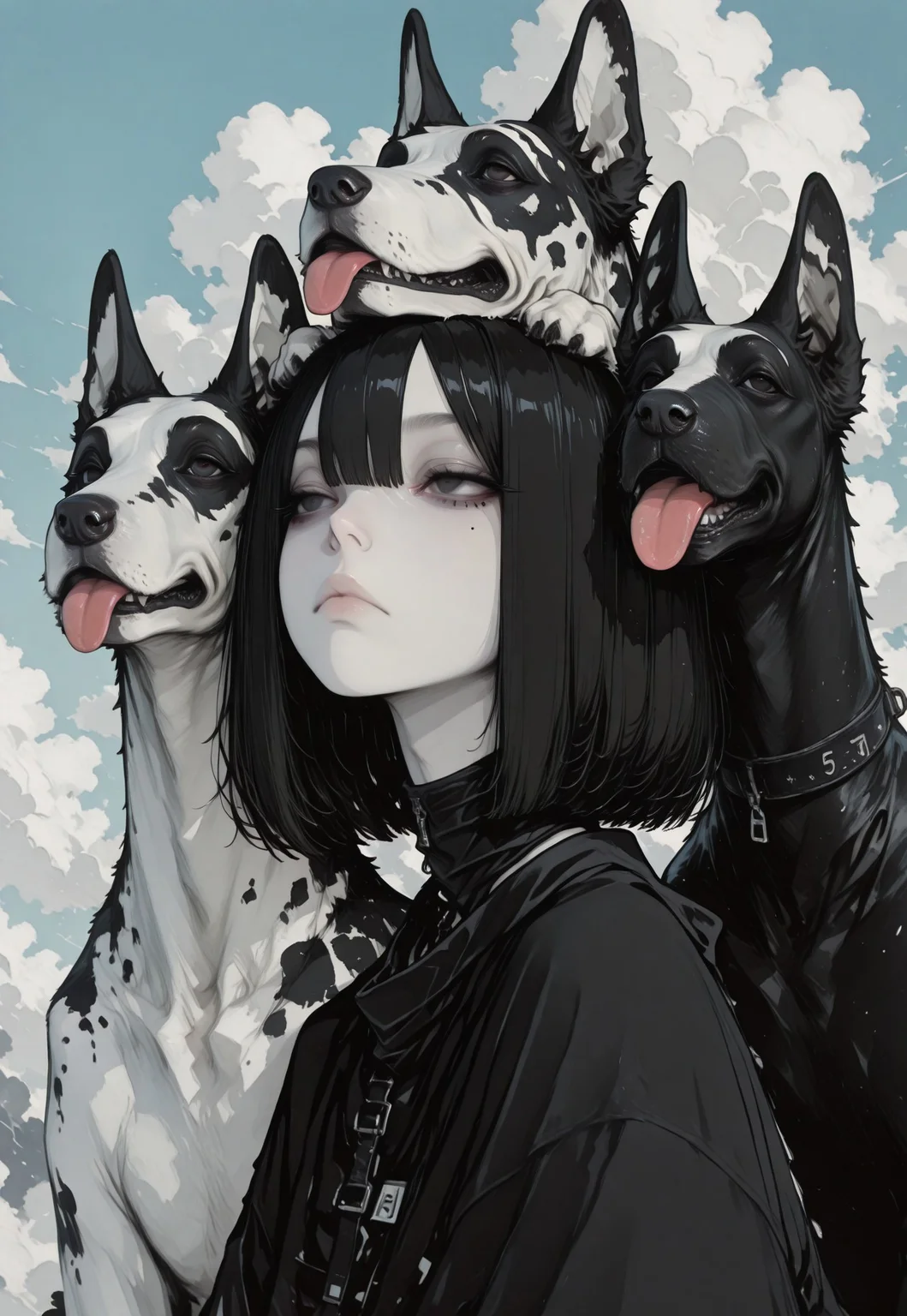 1girl, solo, black hair, bob cut, hair between eyes, solid black eyes, detailed eyes, looking to the side, mole under eye, expressionless, looking to the side, closed mouth,pale skin, black turtle neck, animal focus, dog, Great Dane, paw up, paws on head, tongue out, whimsical dog, spotted fur, pale blue sky, clouds, close up, chromatic aberration,minimalsim, no lineart, no outline, blending, flat color,15546+456868, r17329_illu,S4bit4mago_illu,artist:moriimee