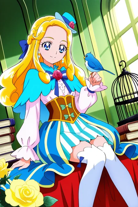 <lora:Mahoutsukai_Precure:1>, Mahoutsukai_Precure, 1girl, bird, book, sitting, holding, solo, hat, striped skirt, bird on hand, thighhighs, holding book, skirt, mini hat, cage, window, dutch angle, birdcage, frilled sleeves, flower, long sleeves, belt, frills, shirt, capelet, earrings, smile, vertical-striped skirt, indoors, white thighhighs, tilted headwear, jewelry, striped clothes, sunlight, ribbon, open book, book stack, feet out of frame, vertical-striped clothes, looking at viewer, blue capelet, brown belt, neck ribbon, closed mouth, rose, knees together feet apart, yellow flower, corset, looking at animal, bow