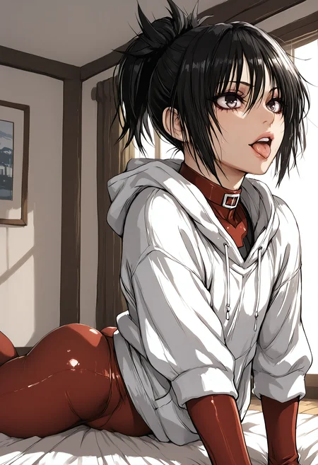 1 Japanese girl, solo, NSFW, extreme flexibility, ppk, prone, (elbows raised:1.3), palms on floor, tongue, tongue out, legs together, makeup, flashy purple eyeshadow, sultry eyes, black hair, thick hair, high ponytail, messy hair over face, blunt fringes, curly hair, Oversized pullover hoodie, white hoodie, latex under clothes, red bodysuit, latexsuit, red neck, red latex Gloves, leather collar, from side, on yoga studio, vertical composition  <lora:None:1.0> <lora:artist_bitch_girl-_åå¥³å­©_000002:0.8000000000000002> <lora:Yabuki_Kentarou_V1_illustrious:0.7000000000000002> <lora:Breasts_size_slider_NNFFS_alpha16.0_rank32_full_last:-2.0000000000000004> <lora:Ass_slider_ILTU_alpha16.0_rank32_full_last:1.1000000000000003> <lora:å¹´é¾è°æ´_StS_Age_Slider_Illustrious_v1:-1.5000000000000002> <lora:è¡£æä¸çä¹³è¶_Illustrious_latex_under_clothes:0.9000000000000001> <lora:ããæ´»_bbk:0.7000000000000002>