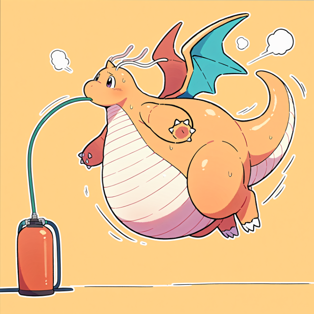 spherical-inflation, pokemon \(creature\), huge dragonite, side view, hose in mouth, panicking, gas tank, floating, motion lines, air leaking,