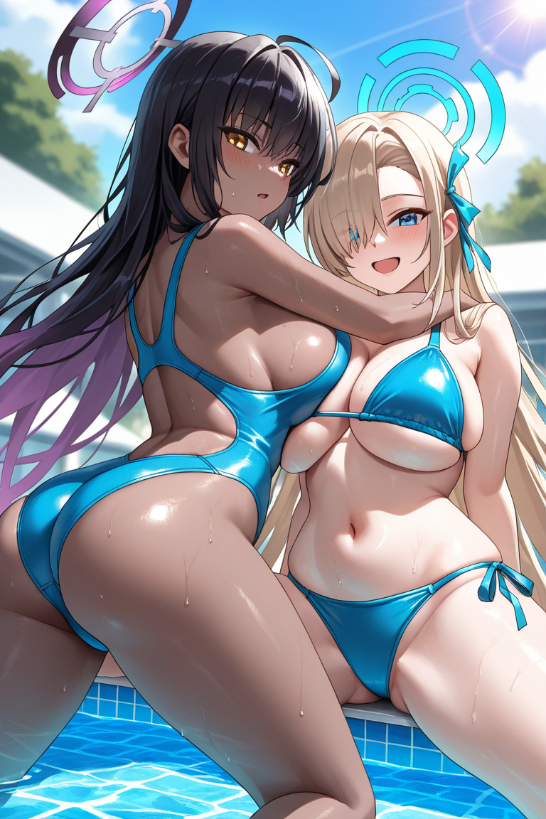 chromatic aberration, doodles, (light particles, lens flare, dramatic light), (deep skin, skindentation), depth of field, high quality, (dynamic pose, dynamic angle:1.25), highres, curvy, wide hips, breasts, multiple girls, 2girls, karin (blue archive), asuna (blue archive), swimsuit, dark-skinned female, dark skin, halo, alternate costume, bikini, blue eyes, medium breasts, long hair, ass, blue bikini, underboob, yellow eyes, looking at viewer, breast press, one-piece swimsuit, navel, open mouth, sideboob, spread legs, thighs, blue one-piece swimsuit, black hair, smile, very long hair, stomach, light brown hair, outdoors, pool, blonde hair, side-tie bikini bottom, blush, hair over one eye, competition swimsuit, asymmetrical docking, huge breasts, sweat, msk12003, masterpiece, best quality, very aesthetic, newest