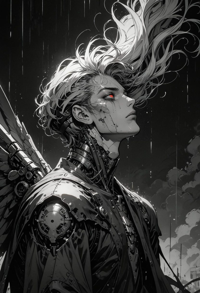 score_9, score_8_up, score_7_up, sad, tears, side view, 1hand up, floating, 1boy, mechanical parts, cyborg, mask, half closed eyes, red eyes, spot color,  monochrome, greyscale, male focus, floating hair, eyelashes, dripping, silhouette, wings, limited palette, dark aesthetic, Sinozick, kneeling, in pain, looking up, rain, dark theme, gloomy, <lora:sdxl_lightning_8step_lora:1> <lora:Art_Adams_Style_Pony_XL:0.5> <lora:Dark_Anime:0.2> <lora:glowneon_xl_v1:0.4> <lora:nostalgia-000011:0.3>  <lora:GRIM_v1:0.4>  <lora:Sinozick2:0.3>