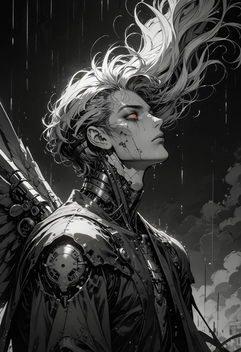 score_9, score_8_up, score_7_up, sad, tears, side view, 1hand up, floating, 1boy, mechanical parts, cyborg, mask, half closed eyes, red eyes, spot color,  monochrome, greyscale, male focus, floating hair, eyelashes, dripping, silhouette, wings, limited palette, dark aesthetic, Sinozick, kneeling, in pain, looking up, rain, dark theme, gloomy, <lora:sdxl_lightning_8step_lora:1> <lora:Art_Adams_Style_Pony_XL:0.5> <lora:Dark_Anime:0.2> <lora:glowneon_xl_v1:0.4> <lora:nostalgia-000011:0.3>  <lora:GRIM_v1:0.4>  <lora:Sinozick2:0.3>
