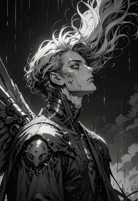 score_9, score_8_up, score_7_up, sad, tears, side view, 1hand up, floating, 1boy, mechanical parts, cyborg, mask, half closed eyes, red eyes, spot color,  monochrome, greyscale, male focus, floating hair, eyelashes, dripping, silhouette, wings, limited palette, dark aesthetic, Sinozick, kneeling, in pain, looking up, rain, dark theme, gloomy, <lora:sdxl_lightning_8step_lora:1> <lora:Art_Adams_Style_Pony_XL:0.5> <lora:Dark_Anime:0.2> <lora:glowneon_xl_v1:0.4> <lora:nostalgia-000011:0.3>  <lora:GRIM_v1:0.4>  <lora:Sinozick2:0.3>
