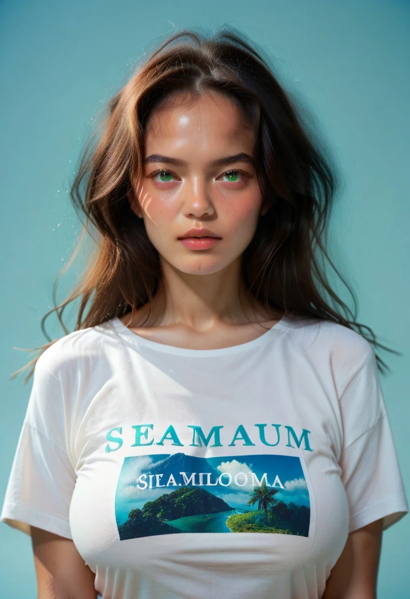 score_9, score_8_up, score_7_up, horny facial expression, green eyes, looking at viewer,
casual t shirt, "Mommy's Milker" writing on the shirt, v neck, 40GG cup Breasts, massive breasts size, natural breasts shape, (JDMAI_ARIEL_SARI), pureerosface_v1,
(dynamic lighting), (dynamic shadow), 4k, HD, Hi res, cinematic masterpiece, photographic masterpiece, bust shot, focus on face
(simple turquoise background), (blurry background), (sharp focus on object),