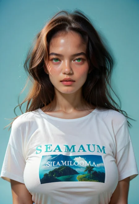 score_9, score_8_up, score_7_up, horny facial expression, green eyes, looking at viewer,
casual t shirt, "Mommy's Milker" writing on the shirt, v neck, 40GG cup Breasts, massive breasts size, natural breasts shape, (JDMAI_ARIEL_SARI), pureerosface_v1,
(dynamic lighting), (dynamic shadow), 4k, HD, Hi res, cinematic masterpiece, photographic masterpiece, bust shot, focus on face
(simple turquoise background), (blurry background), (sharp focus on object),