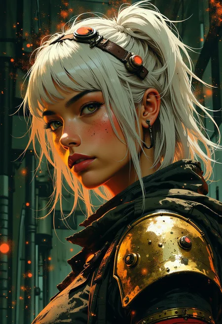 mythp0rt, closeup side portrait of korean woman wearing fantasy leather and bronze plate armour, messily bleached white hair in a long straight-cut bob, bangs, with solarization Gradient style effect