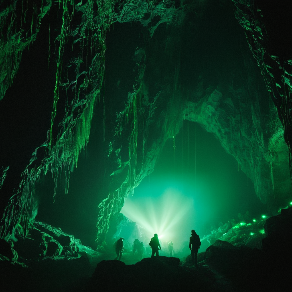 cinematic film still of  <lora:Fine art photography style:1>
From below,Juxtaposition of a cave with a bunch of green lights,monochrome,no humans,scenery,blue theme,fantasy,cave Juxtaposition,artistic,photography,dramatic light,dramatic shadow light,contrast,saturated color,cinematic,filmic,photographic,realistic,realism,perfection,perfect,Juxtaposed,opposite,different things,side by side,syncretism,antithesis,Juxtaposition style,cave , creative, photorealism, hyperrealism, Fine art photography style, Fine art cinematic photography style, shallow depth of field, vignette, highly detailed, high budget, bokeh, cinemascope, moody, epic, gorgeous, film grain, grainy
