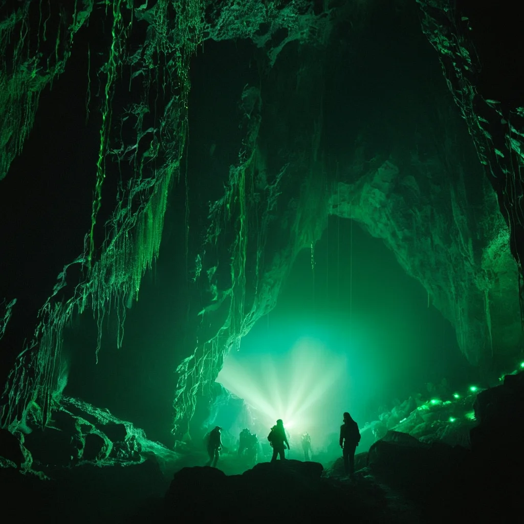 cinematic film still of  <lora:Fine art photography style:1>
From below,Juxtaposition of a cave with a bunch of green lights,monochrome,no humans,scenery,blue theme,fantasy,cave Juxtaposition,artistic,photography,dramatic light,dramatic shadow light,contrast,saturated color,cinematic,filmic,photographic,realistic,realism,perfection,perfect,Juxtaposed,opposite,different things,side by side,syncretism,antithesis,Juxtaposition style,cave , creative, photorealism, hyperrealism, Fine art photography style, Fine art cinematic photography style, shallow depth of field, vignette, highly detailed, high budget, bokeh, cinemascope, moody, epic, gorgeous, film grain, grainy