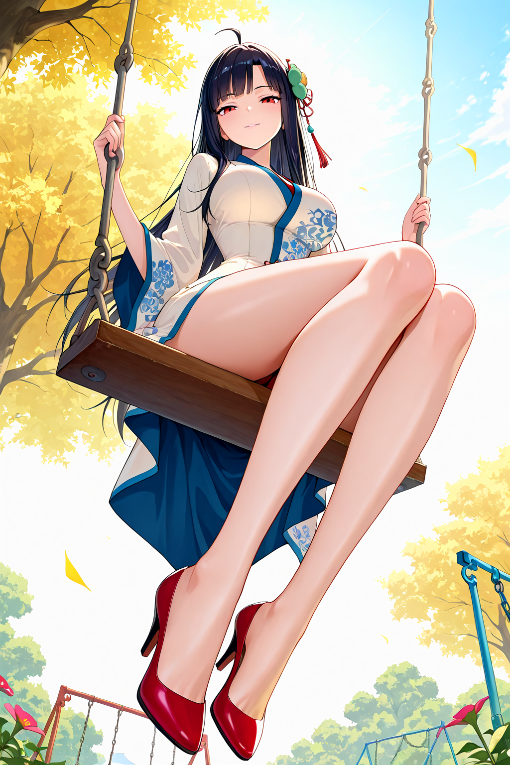 from below,swing,swing set,sitting on swing,swinging,flower swing,outdoors,
1girl,narrow waist,wide hips,looking at viewer,full body,red high heels,seductive smile,long legs,slim legs,legs together,
Best quality,masterpiece,soft light,official art,high quality,highres,absurdres,epic scene,natural textures,<lora:Huang Xiaoyan IL V2:1>,huang xiaoyan,red eyes,long hair,black hair,parted bangs,hair ornament,ahoge,white and blue robe,red underwear, chinese clothes,