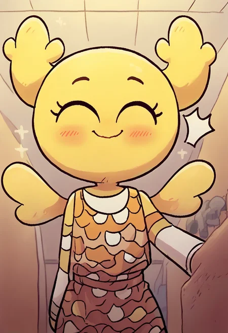 score_9, score_8_up, score_7_up, source_cartoon, 1girl, solo, pennyshellless, yellow skin, brown eyes, two horns, two wings, no fingers, yellow hair, tall girl, smile, sparkle in the eyes, cute, blush, closed eyes, ^^, happy, holographic dress, princess dress, room, cute doodle