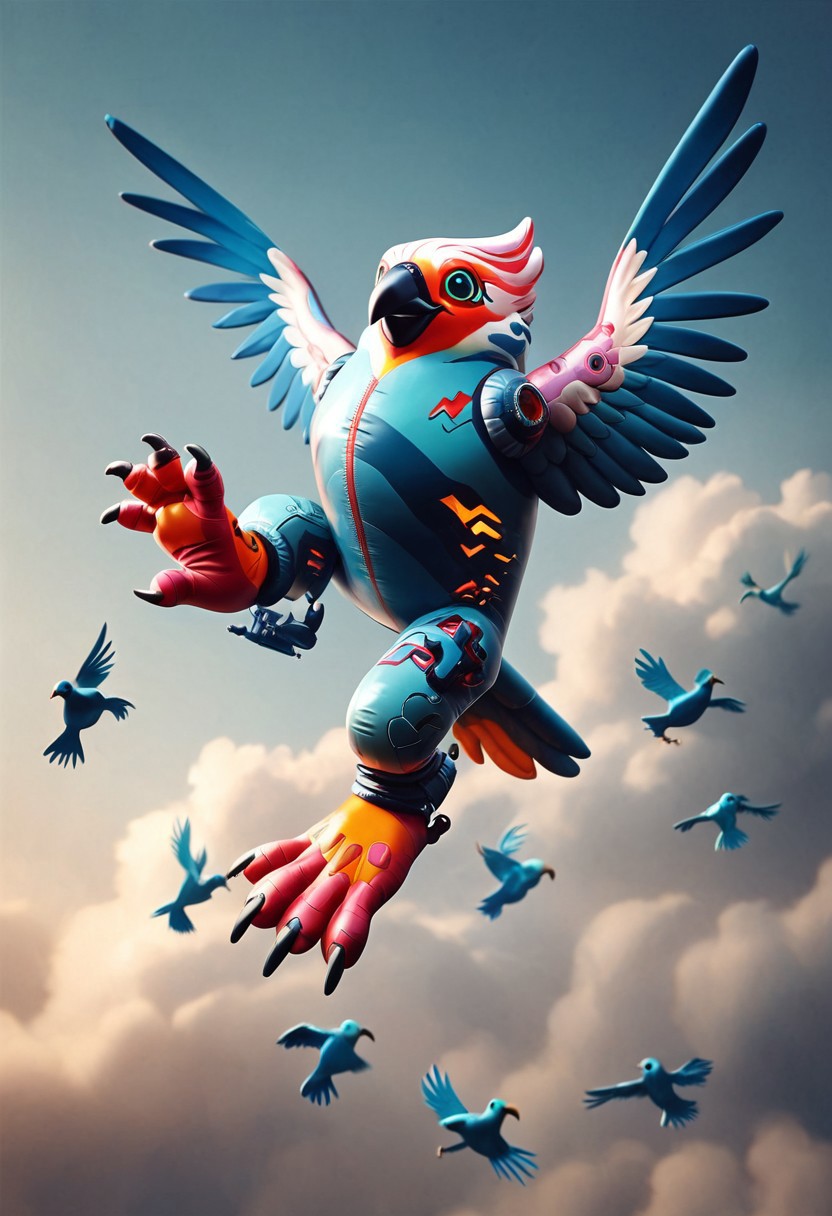 1score_9, score_8_up, score_7_up, intricate details, Latex, inflatable cyberpunk flying bird, ral-chrosc-clr