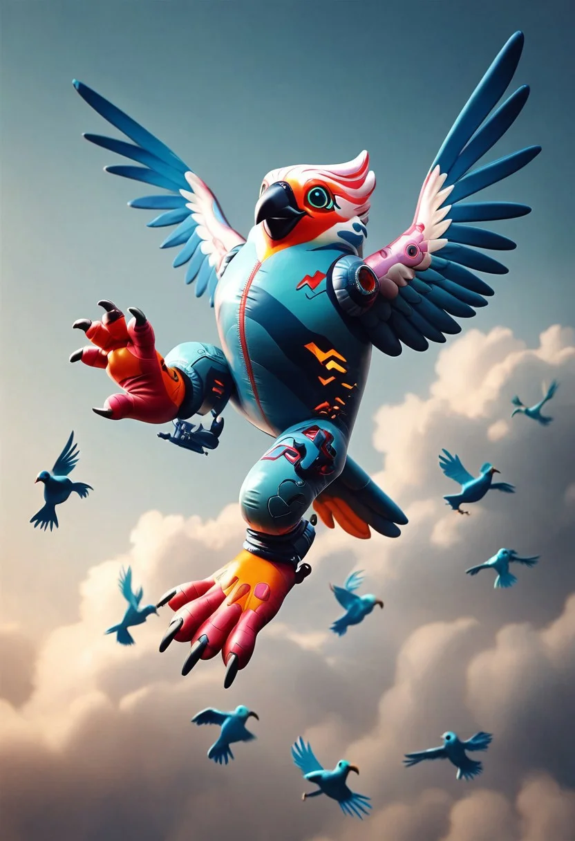 1score_9, score_8_up, score_7_up, intricate details, Latex, inflatable cyberpunk flying bird, ral-chrosc-clr