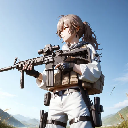 score_9, score_8_up, score_7_up, score_6_up, score_5_up, score_4_up, masterpiece, trending on artstation, high quality, Pixel-perfect precision, pristine detail, 8K resolution, high fidelity, Insane quality, <lora:Holding_Weapon_Lora_-_For_Pony_models:1> ho1ding-weap0n, 1girl, holding rifle, standing, ((UMP45 \(Girls' Frontline\)))