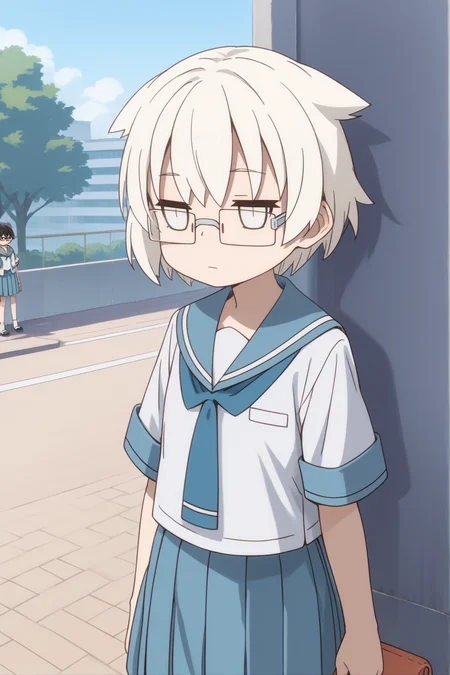 score_9, score_8_up, score_7_up, source_Anime, 1girl, y4m4sh1t4u3n0s4n, short hair, white hair, glasses, white eyes, jitome, school uniform, serafuku, blue sailor collar, skirt, uwabaki, outdoors, solo <lora:YamashitaUenoByJuninholara21:0.8>