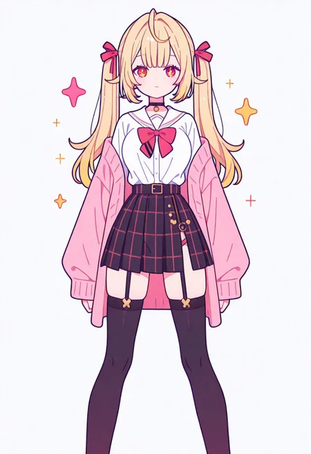 Flatline, Flat vector illustration, looking at viewer, full_body,
nijisara, large breasts, heterochromia, red eye, yellow eye, blonde hair, ltwintails, hair ribbon, long sleeves, red bow, pink cardigan, black thighhighs, plaid skirt, red ribbon, black choker, garter straps, school uniform,
beautiful breasts, slim, slender, fair skin, clear skin, beauty skin, smooth skin, shiny skin, beautiful legs, long legs,
from front, front view, straight-on, look at viewer, standing, (legs apart:1.4),
white background,