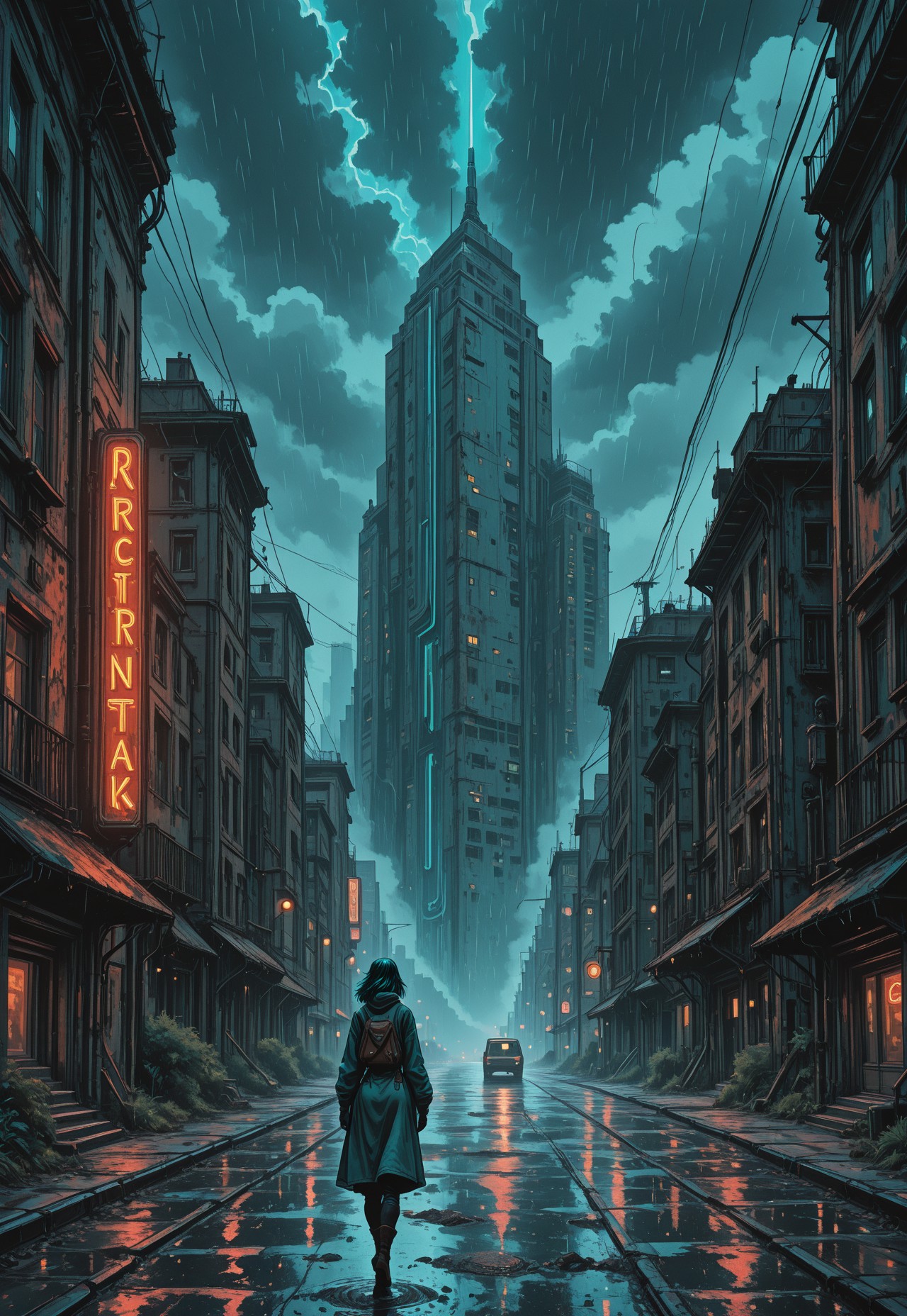 masterpiece, best quality, RvR_Comic_Style, dystopian skyline drenched in stormy teal, towering concrete monoliths streaked with rust patina, enki bilal graphite cross-hatching, neon signs flicker in muted crimson, rain-slick streets, solitary trench-coated figure, cinematic chiaroscuro lighting