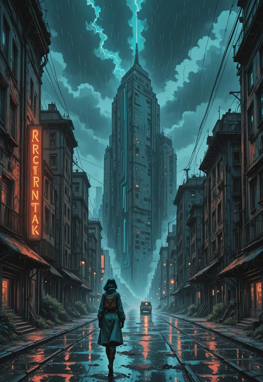masterpiece, best quality, RvR_Comic_Style, dystopian skyline drenched in stormy teal, towering concrete monoliths streaked with rust patina, enki bilal graphite cross-hatching, neon signs flicker in muted crimson, rain-slick streets, solitary trench-coated figure, cinematic chiaroscuro lighting