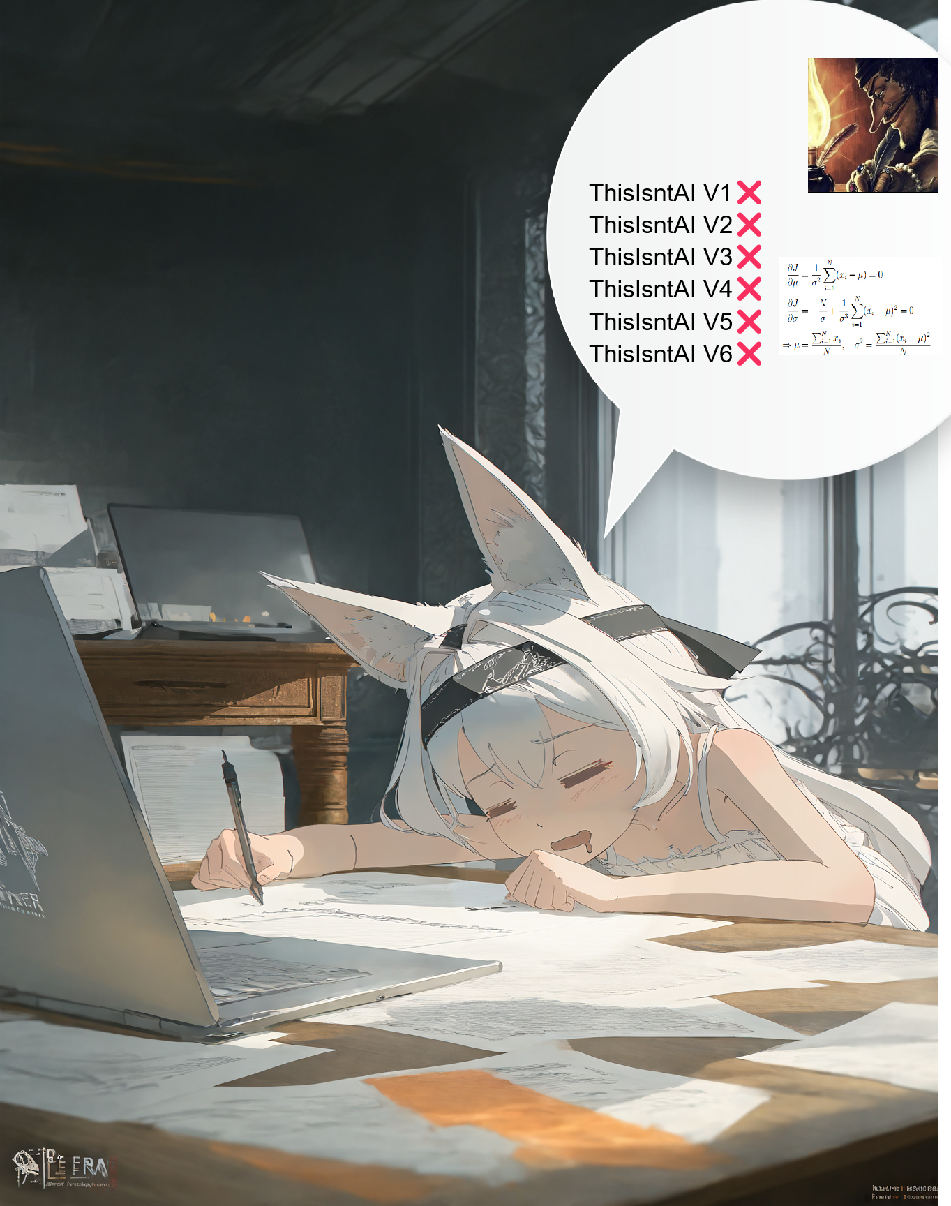 1girl, solo, upper body, writing, paper, window, laptop, desk, head on table, sitting, indoors, fox ears, hair intakes, black headband, white hair, sundress, white dress, = =, drooling, <lora:void_0:0.7>, void 0