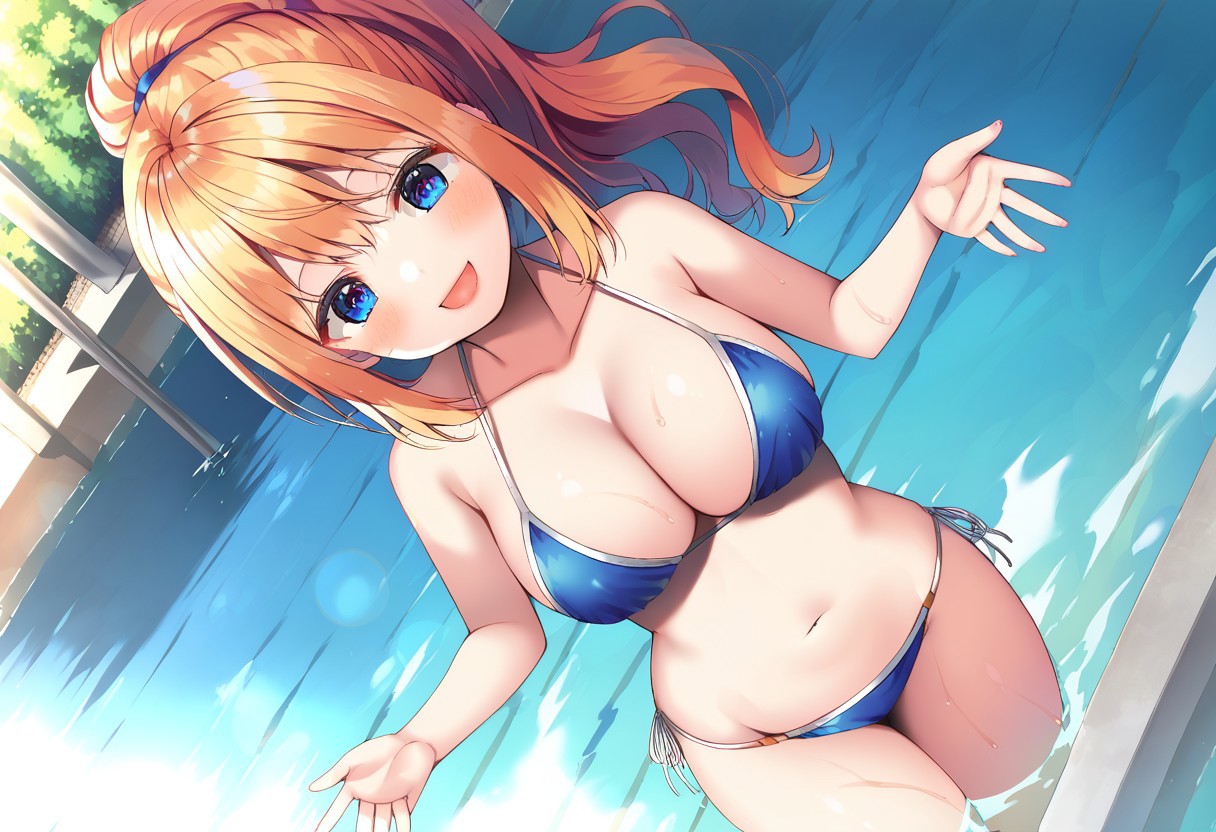 Asa no ha, solo, 5 fingers, female, 1girl, cute face, slim body, blue eyes, detailed eyes, large ponytail hair, blond hair, big breast, very big breast, BREAK string bikini, thin bikini, blue bikini, squished breast, small bikini big breast, smiling, blush, BREAK hands on back, leaning to viewer, looking at viewer, outdoors, public pool, colorful, dutch angle, BREAK ((ultra-detailed)), ((best quality)), ((best quality)), ((beautiful eyes)), ((extremely detailed)), 4K, (8K), best quality, (beautiful), Master piece, highres, score_9, score_8_up, score_7_up, score_6_up, score_5_up, score_4_up, colorful, best quality, masterpiece, nai3, god light, detailed background, high quality background, anime style,source_anime, AddXL, perfect hands, detailed hands, good_hands
