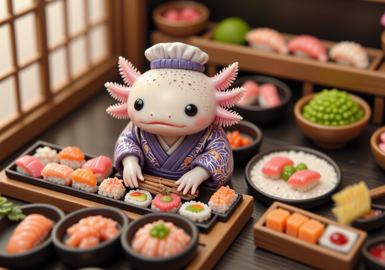 top down tilt shift image of tiny cute anthropomorphized axolotls with pink frilly gills and round black eyes,  axolotl server, in a sushi restaurant, arranging sushi rolls on a tray, wearing a traditional kimono, wooden sushi bar, fresh fish and seaweed<lora:Axomodel_Flux_V2.safetensors:1.0:1.0> <lora:isometric.safetensors:1:1>
