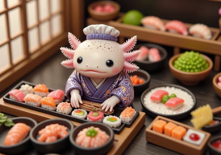 top down tilt shift image of tiny cute anthropomorphized axolotls with pink frilly gills and round black eyes,  axolotl server, in a sushi restaurant, arranging sushi rolls on a tray, wearing a traditional kimono, wooden sushi bar, fresh fish and seaweed<lora:Axomodel_Flux_V2.safetensors:1.0:1.0> <lora:isometric.safetensors:1:1>