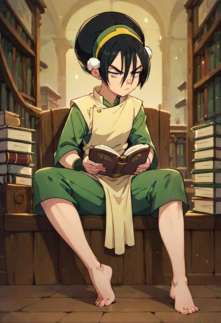 Toph, Blind, bun cover, hair bun, earth nation clothing, barefoot,
In the library, reading a book, very mad, unamused facial expression,
flat color, fca style, toon \(style\), 2d,score_9, cartoon art style, accurate art style, score_8_up, score_7_up, score_6_up